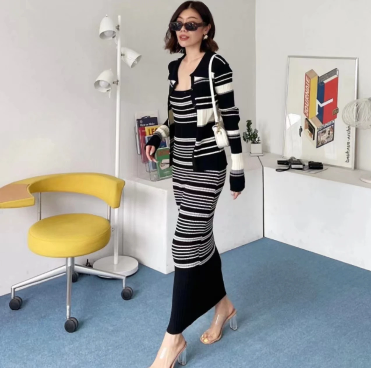 New Knitted Striped Dress Set Women Long Sleeve Cardigan + Long Sling Bodycon Dresses Two Piece Sets Womens Outfits Knitted Suit