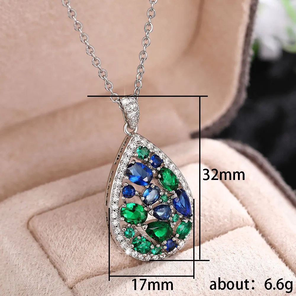 Huitan Luxury Geometric Green/Blue Cubic Zirconia Necklace for Women Silver Color Chain New Fashion Women Wedding Trend Jewelry