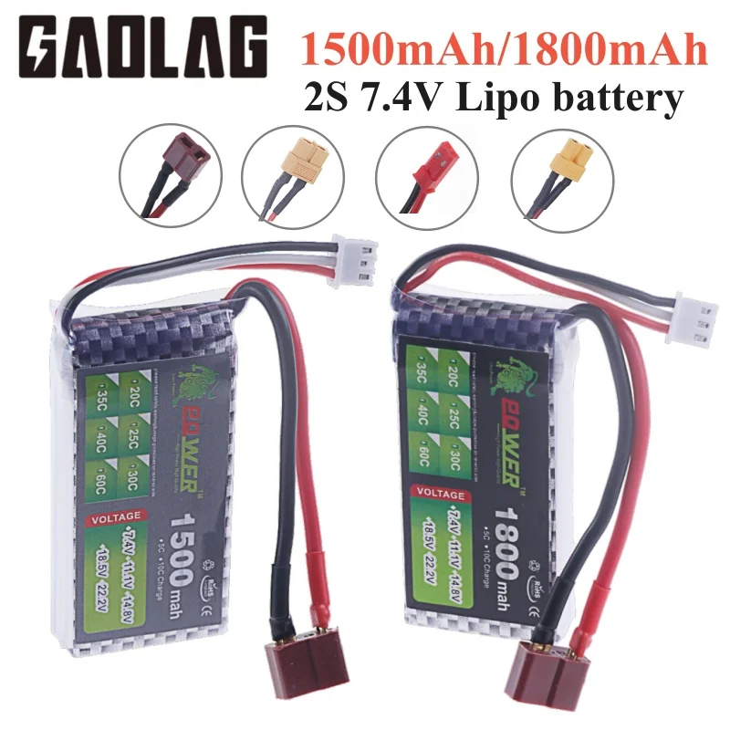 7.4V LIPO Battery 2s 1500MAH 1800mah 45C Battery for RC Drone Helicopter Car FPV Boat Parts With T JST XT30 XT60 Plug