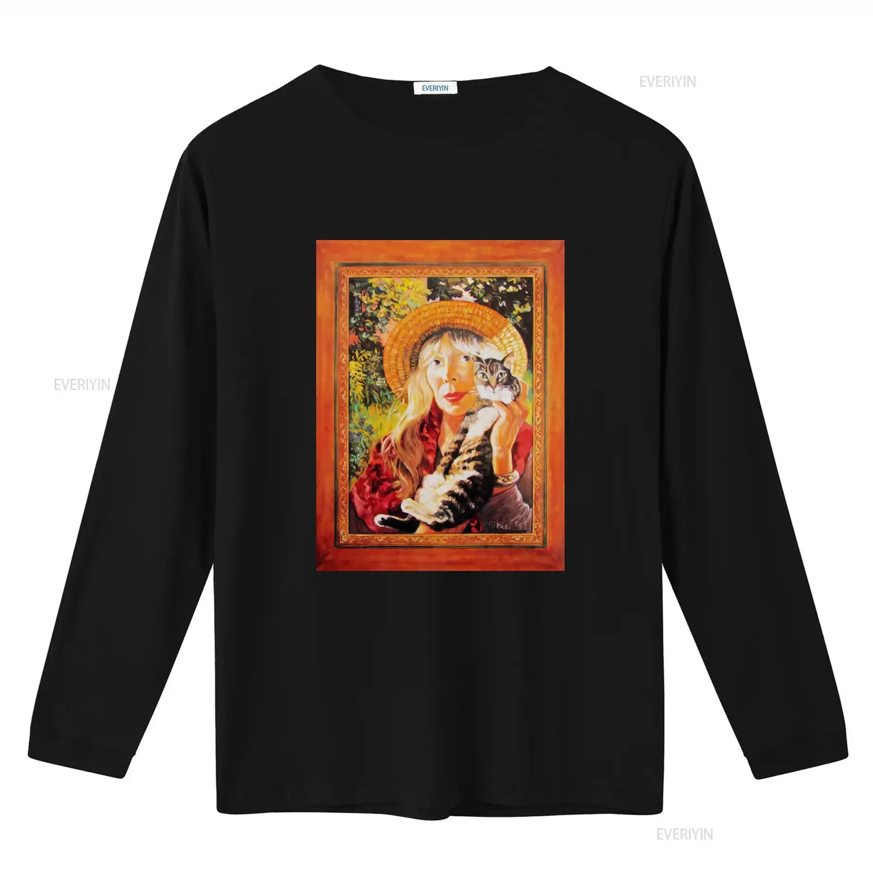 Vintage Joni Mitchell Portrait with Cat Art Print T Shirt Charcoal Color Cotton vintage Washed Breathable Unisex homme fashion