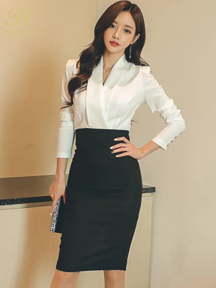 H Han Queen Hot sale Autumn Black White Stitching Office Sheath Bodycon Pencil Dress High Waist Chic Party Women's Dresses