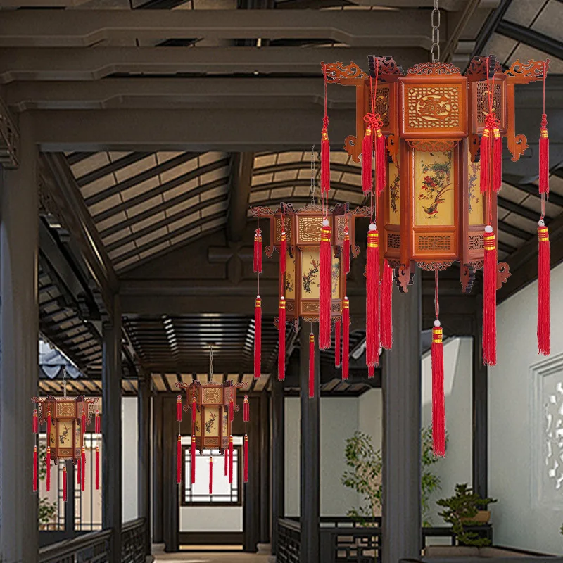 Hexagonal court wind palace lanterns Spring Festival antique gate flowers imitation sheepskin painted