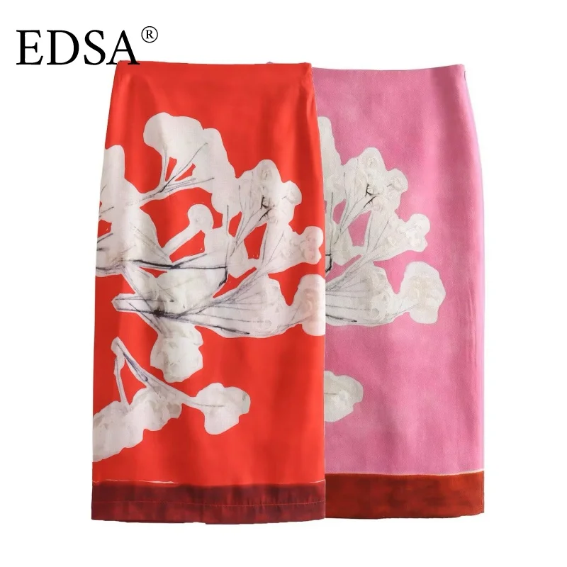 

EDSA Women Print Long Skirt Spring Summer Women Print Mid-Waist Slit Zipper A-Line Skirt Female Print Pencil Midi Skirts