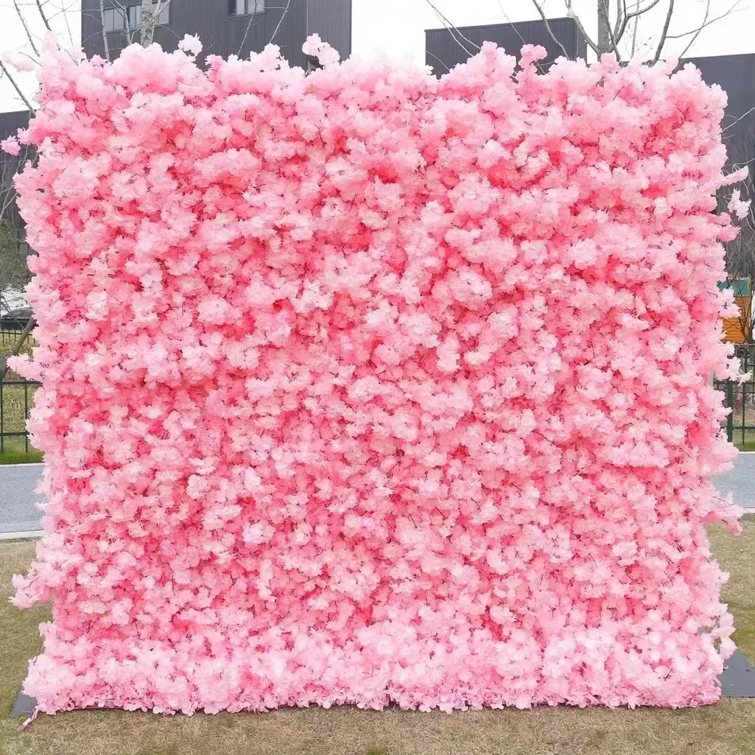 Muro di fiori di ciliegio artificiale rosa, parete floreale in materiale di seta di facile installazione, decorazione fotografica sullo sfondo del