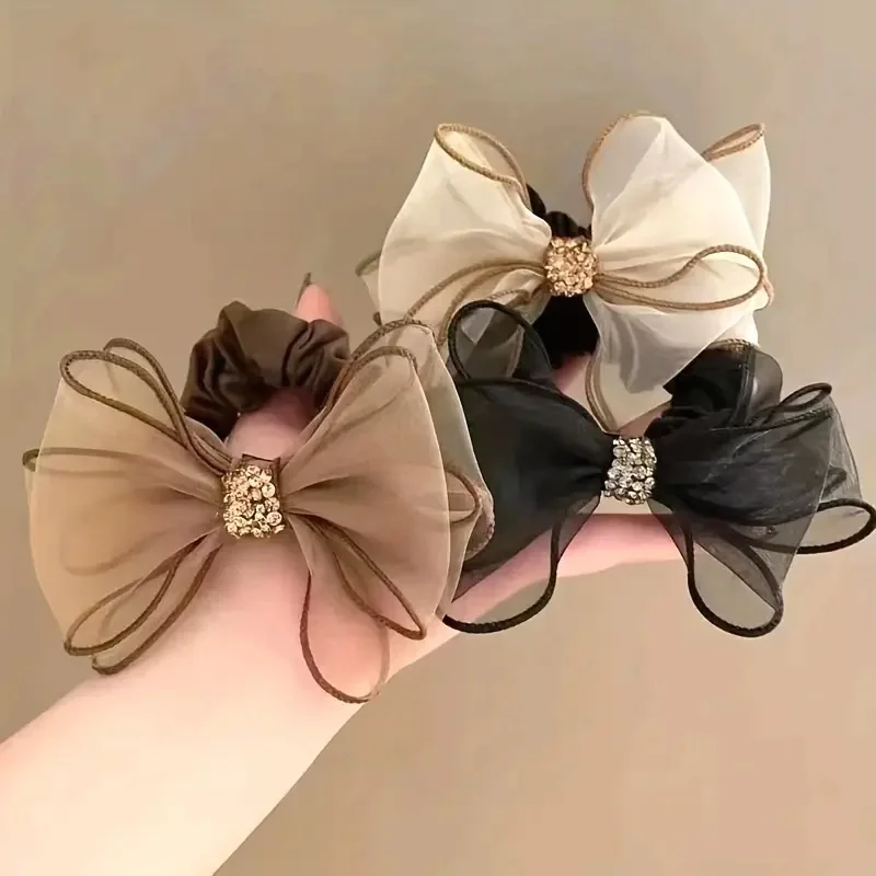 

3Pcs Elegant Vintage Rhinestone Bow Hair Ties Stretchy Fabric Sparkling Crystal Perfect for Stylish Updos Hair Accessories