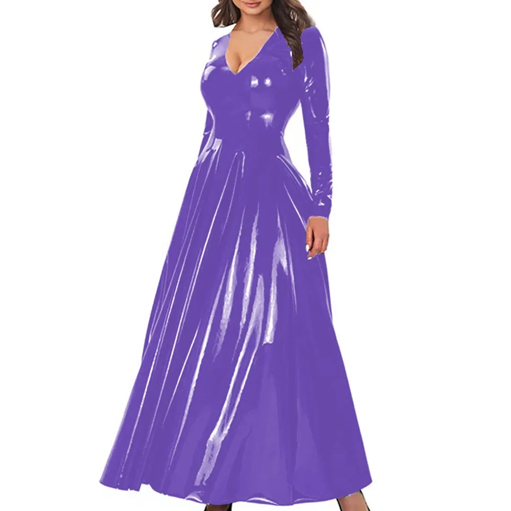 Plus Size Deep V Neck Ankle-length Long Dress Women Back Zipper Long Sleeve A-line Pleated Dress Glossy PVC Leather Streetwear