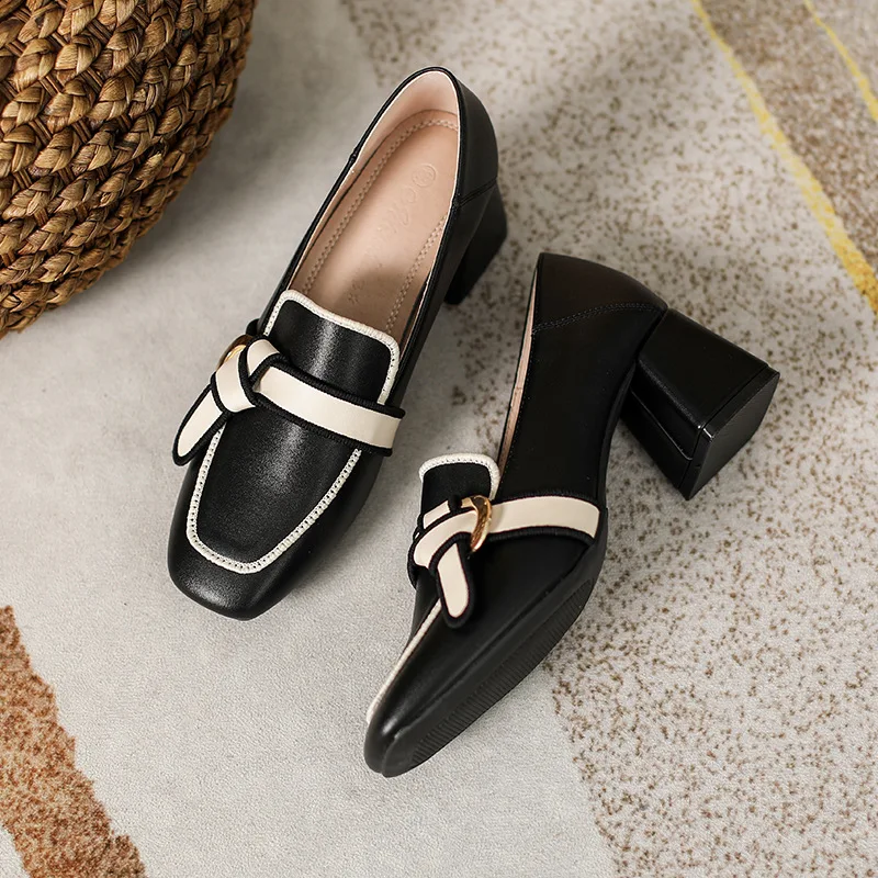 Women Retro Bowknot Loafers Spring Square Head Women Single Shoes Classic Thick Heels Soft Leather Female Pumps Zapatos De Mujer