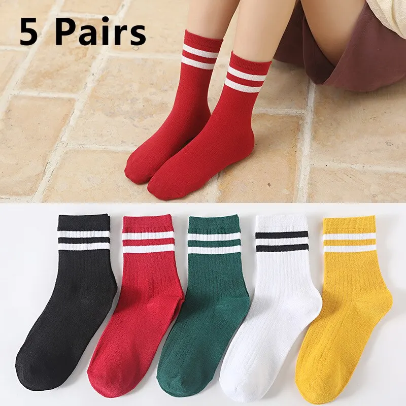 5 Pairs Women Socks Set Multicolour Stripped Pattern Fashion Breathable For Female Casual Style Comfortable Socks