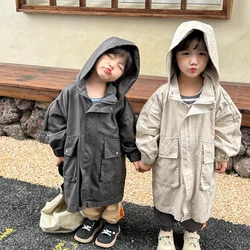 Spring new Boys and girls solid color mid-length hooded Wind Coat Kids loose casual zipper Trench Jackets