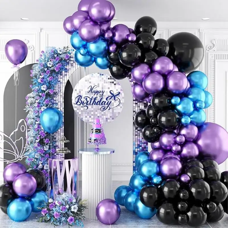 Parti Geburtstagsdekoration Lila Ballon Girlande Bogen Kit Kompatibel mit Videospiel Party Metallic Chrom Blau Lila Ballon