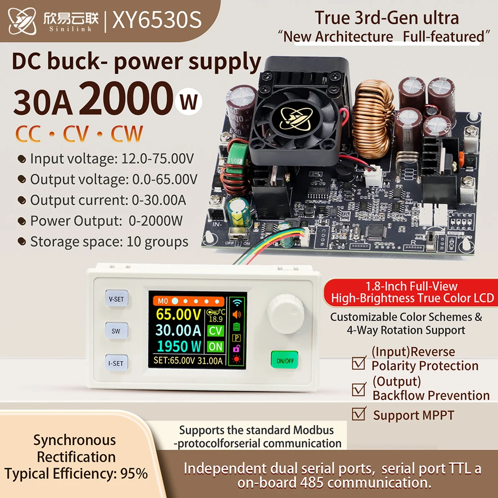 XY6530S 2000W 30A DC Buck Power Supply CNC CV CC CW Adjustable Stabilized Converter Module MPPT Solar Charging True Colour LCD