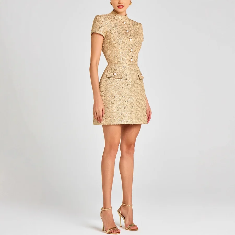 Elegant Socialite Solid Color Mini Dresses Buttons Stand Collar Short Sleeves Dress Temperament Lady Commuting Style Vestidos