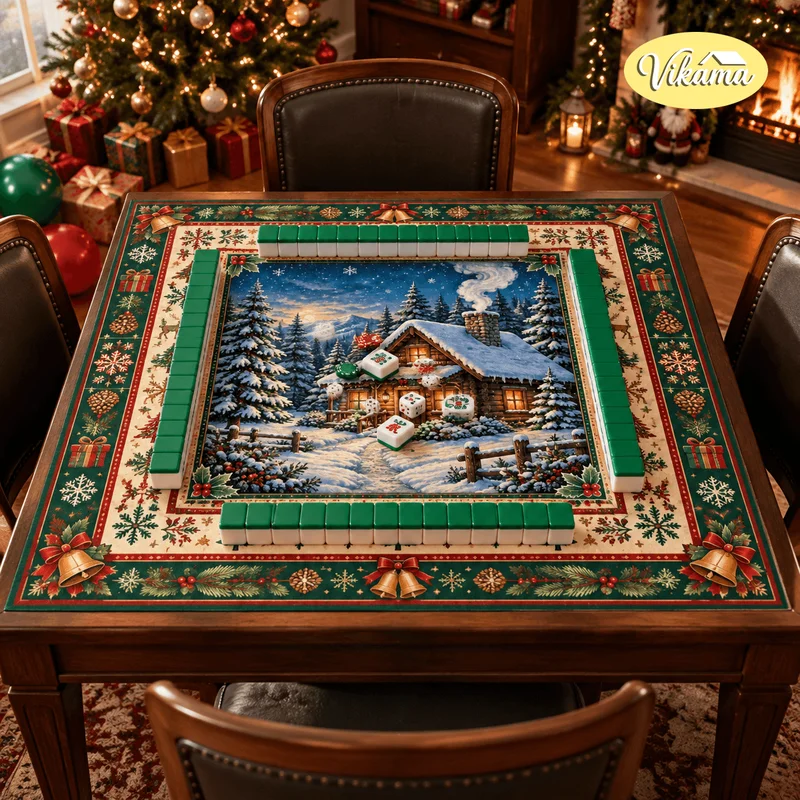 VIKAMA Cozy Winter Christmas Mahjong Table Mat, Non-Slip, Absorbent, Quiet Poker and Card Game Mat, Party Home Decor
