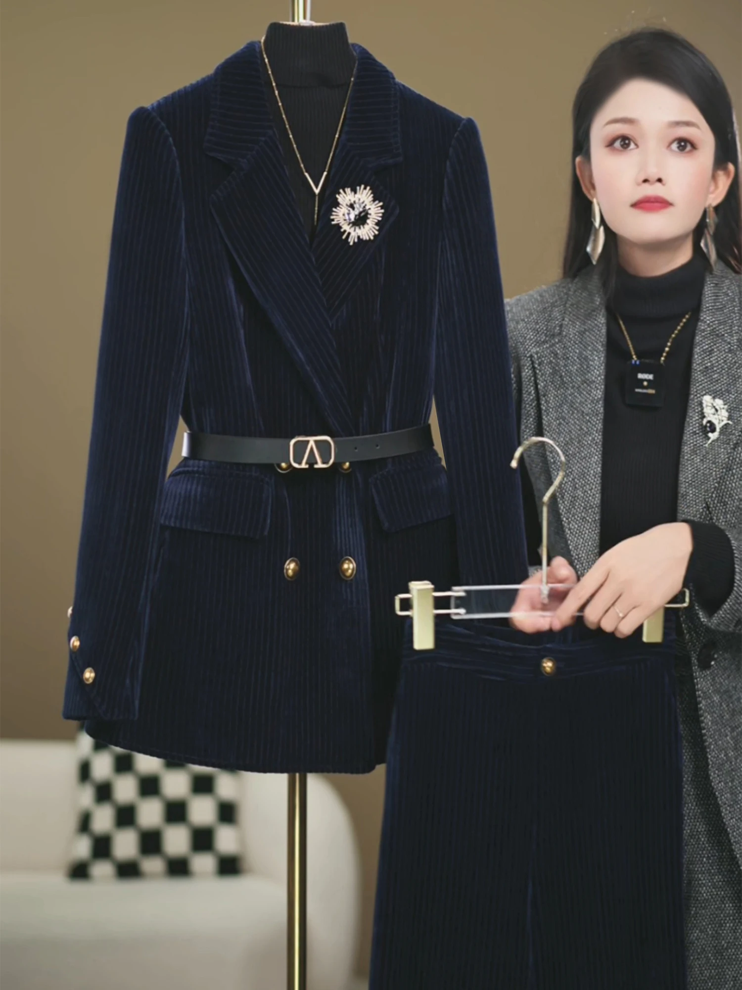 

Костюм из вельвета Deep Blue Thiened: женский зимний комплект с длинным пальто на двойных пуговицах, приталенный, для формального и повседневного стиля