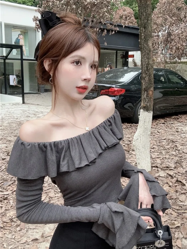 

Slimming Double Layer Lotus Leaf Base Shirt Women's Sexy Crop Top Unique Pure Desire Style Commute Elegant Lady Fashion
