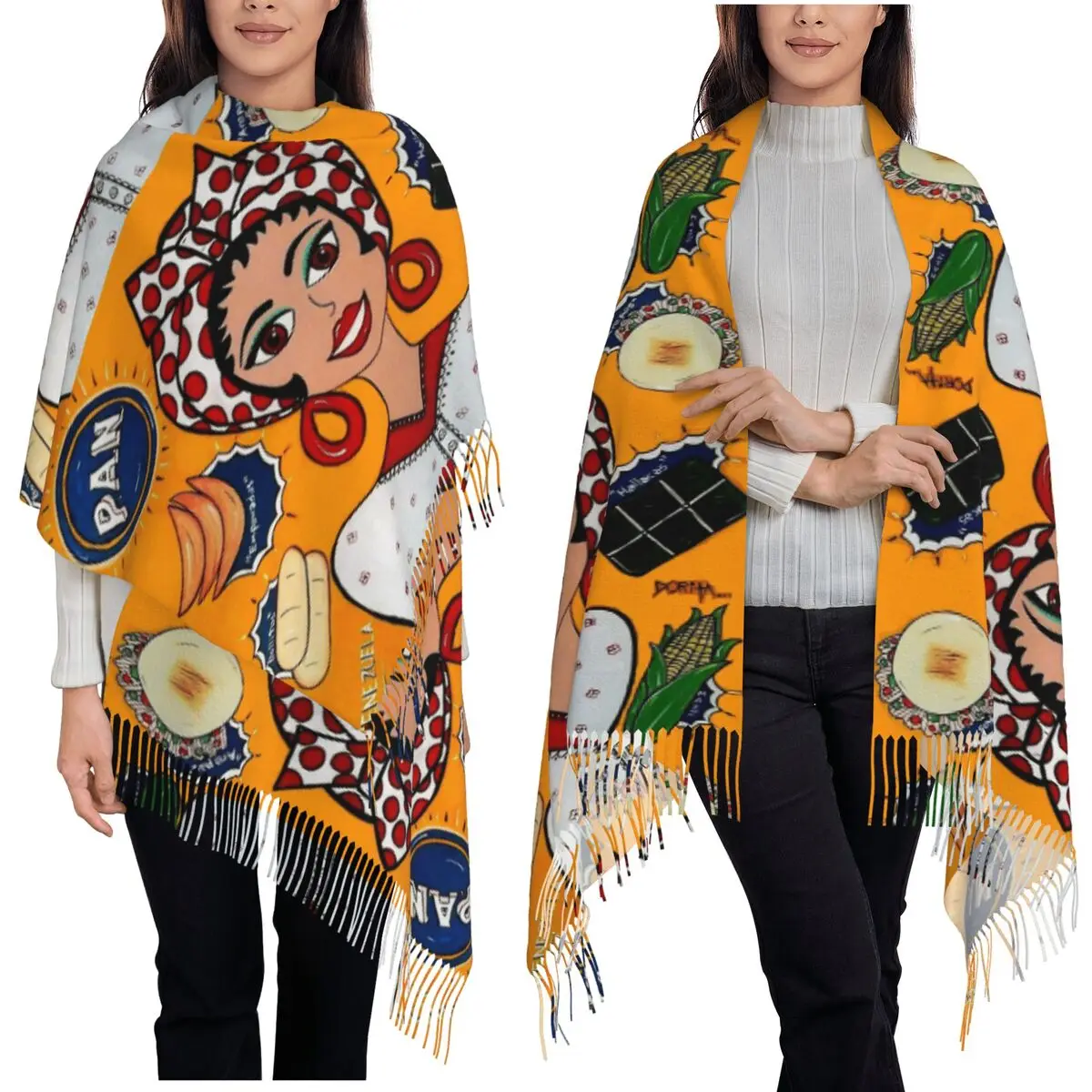 

Венесуэла, арепа, я ешь, арепа, традиционная еда, 7-звездочный шарф VZLA, шарфы с кисточками для женщин, мягкие шали и накидки, большая шаль