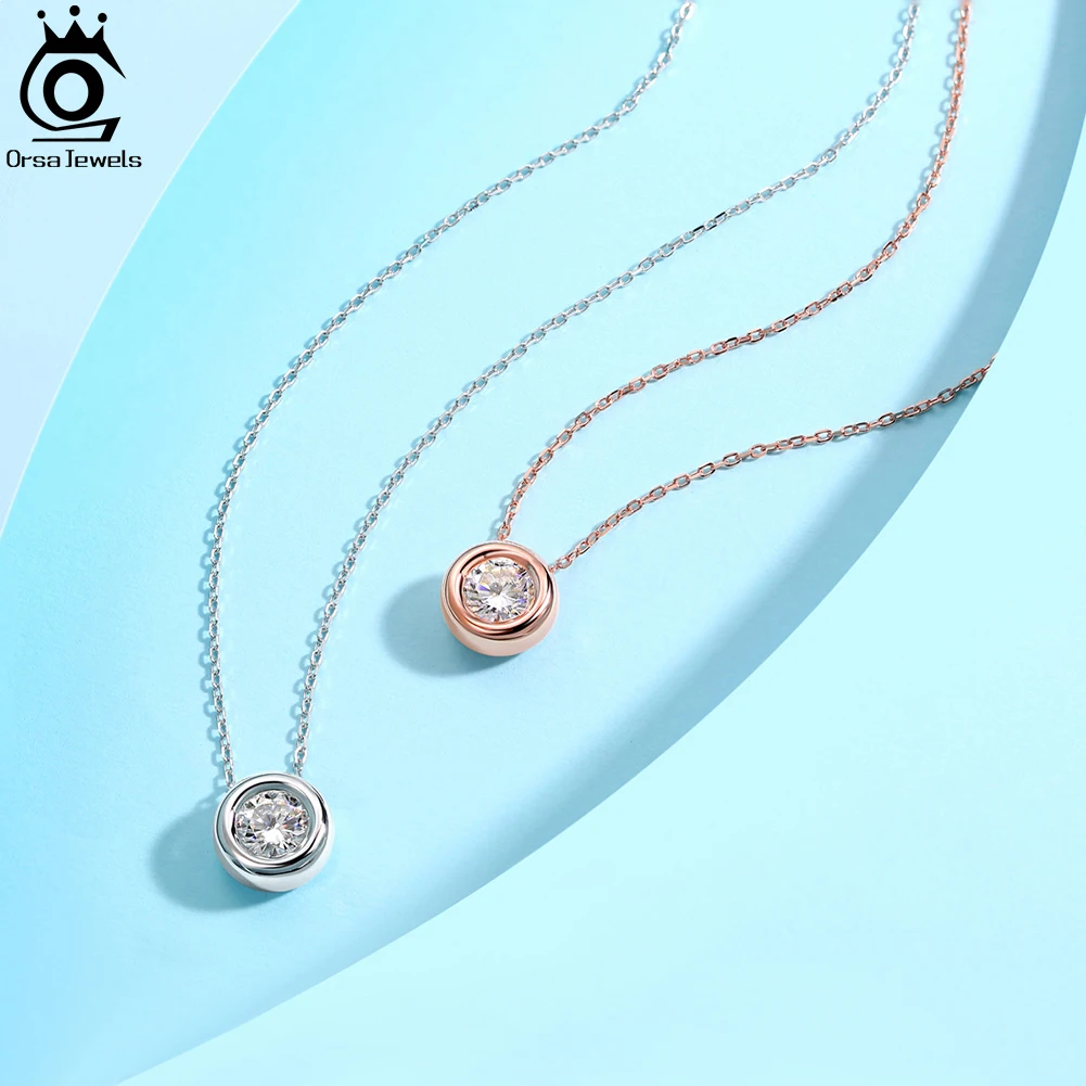 

ORSA JEWELS Fashion 925 Sterling Silver Round Zircon Pendants Necklaces Women Fine CZ Circle Clavicle Chain Choker 45cm APN18
