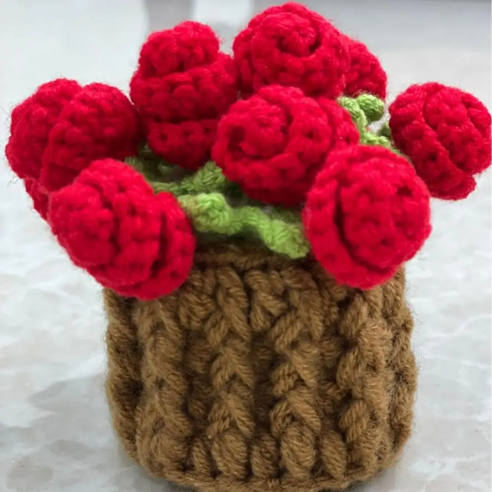 Desktop Flower Ornament Crochet Flower Coaster Handmade Crochet Rose Flower Coasters Set Decorative Potted Bouquet with Basket