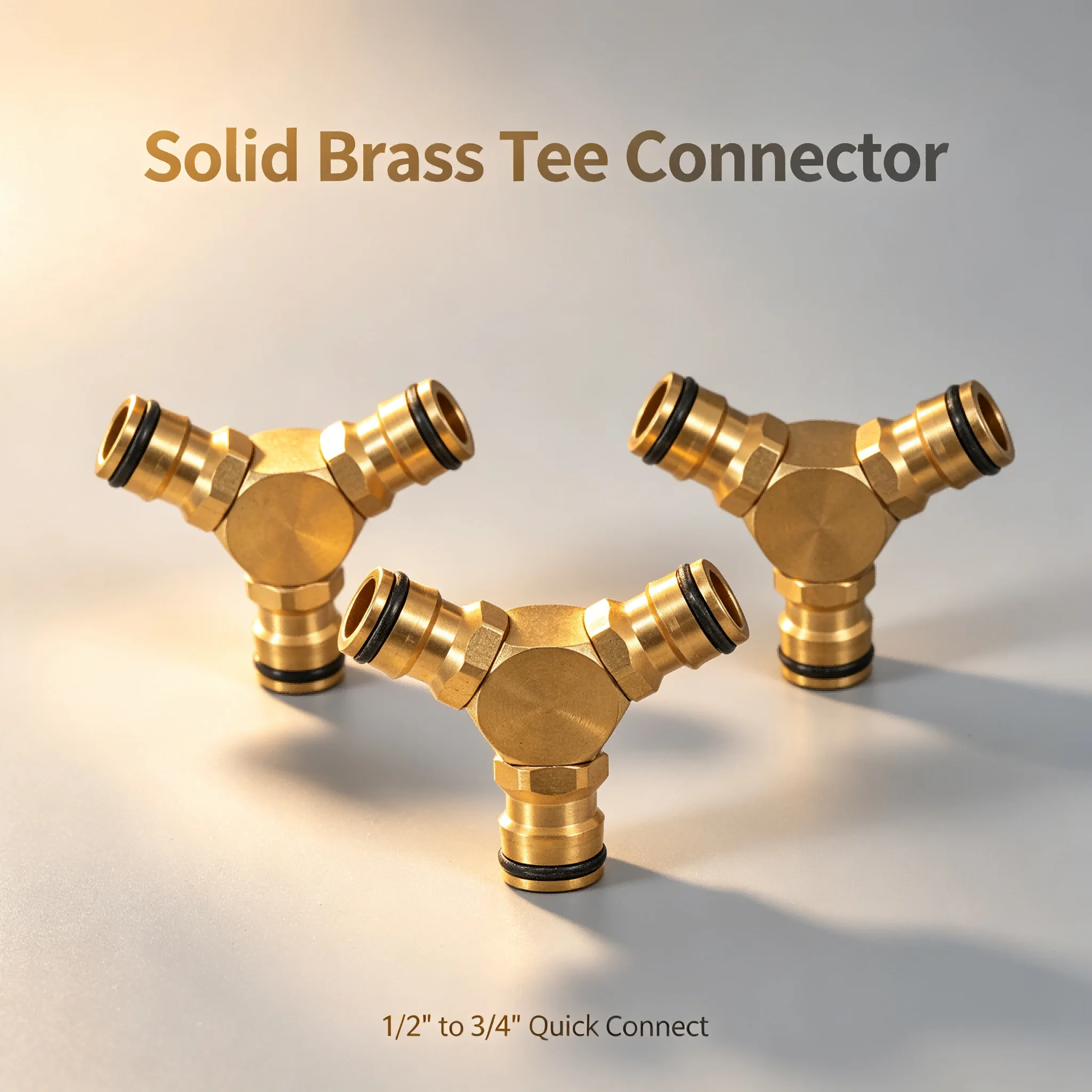 Water hose splitter connector brass tee 1/2'' to 3/4'' for faucet use copper material gold finish 3 pcs package content