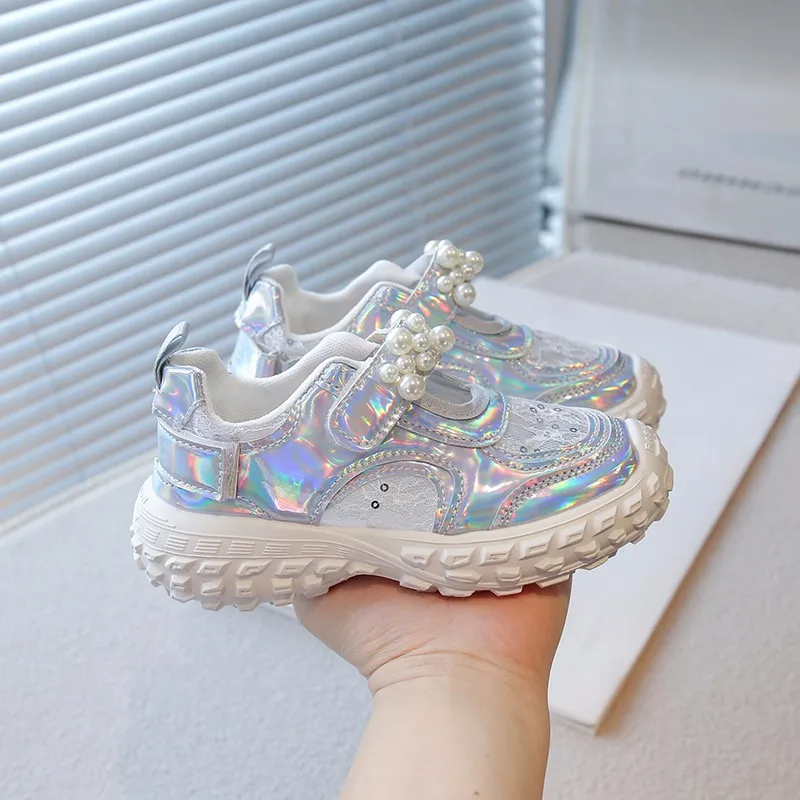 

Kids Casual Shoes Air Mesh Breathable for Girls Pearls Shiny Fashion Princess Sneakers for Girls Medium Big School Students Flat