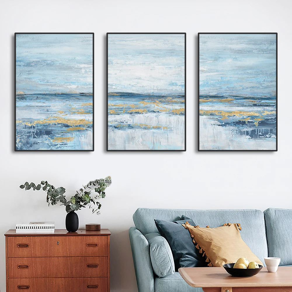 3 Panels Nordic Abstract Ocean Canvas Painting Coastal Theme Artwork Blue Gold Sunset & Sunrise Wall Art Posters for Living Room