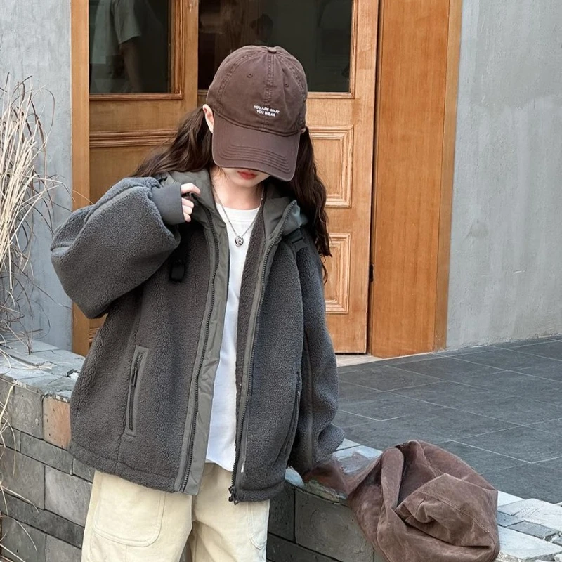 

Kids' Winter Coat 2025 Autumn Winter Solid Color Plush Lined Hooded Jacket for Girls Korean Style Loose Cotton Fleece Outerwear