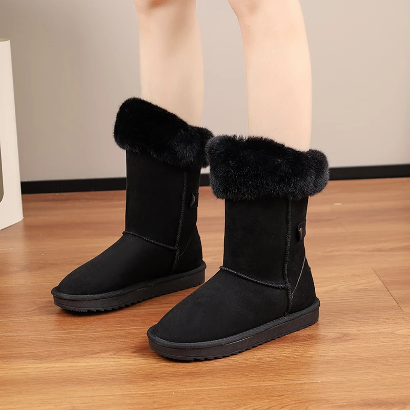 Boots Female 2024 Winter New Fashion Platform Snow Boots Women Solid Round Toed Warm Plush Cotten Shoes Size 42