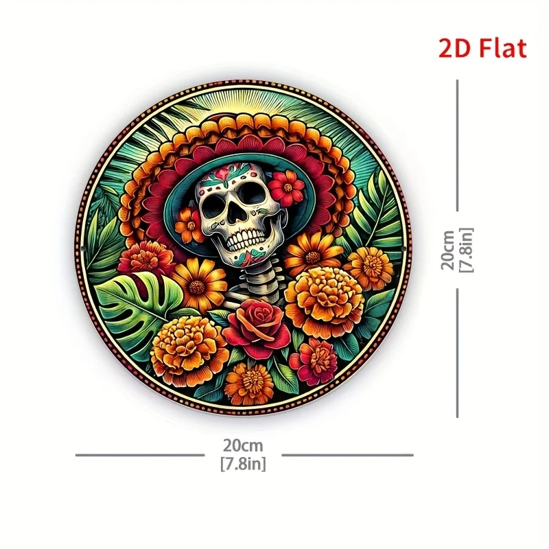 Day Of The Dead Floral Skull Tropical Leaf 2D Round Metal Tin Sign 20x20cm Colorful Marigold Rose Iron Plaque Gothic Holiday Wal