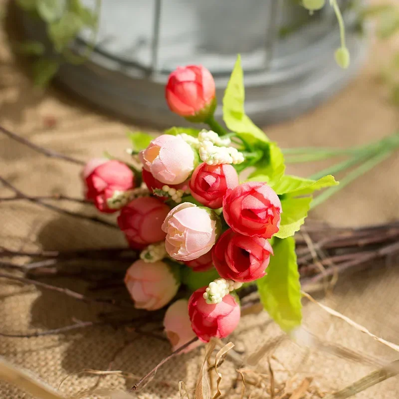 

15Head Silk Rose Small Tea Bud For Christmas Decor Home windowsill bonsai accessories Wedding Background Wall Artificial Flower