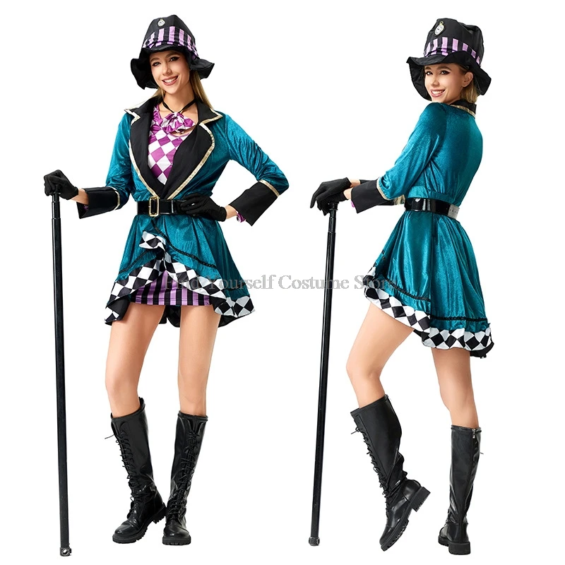 Halloween Alice Clock Mad Hatter Cosplay Costume Sexy Adult Fairy Tale Dress Women Magic Show Tuxedo Fancy Dress In Wonderland