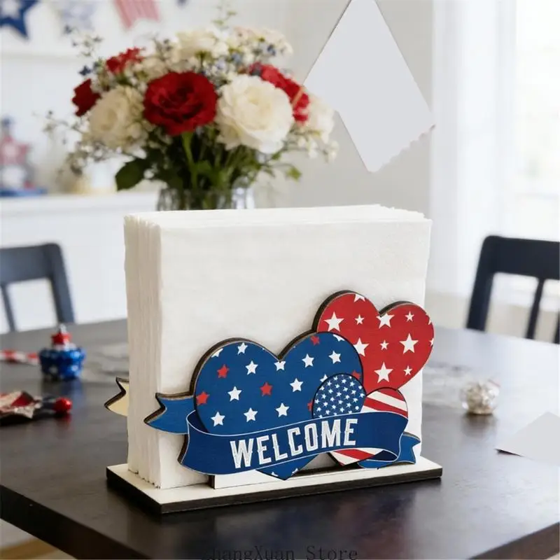 Packung mit 4 patriotischen Taschentuchbox-Haltern aus Holz mit Designs zum Unabhängigkeitstag für Büros und Heimdekoration 3XUF – Detail 4