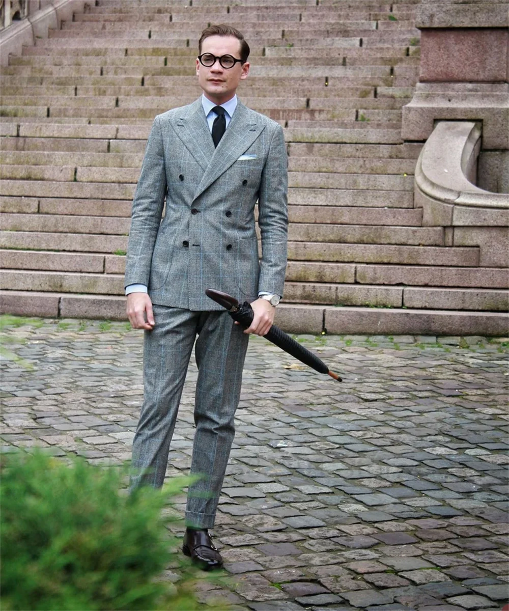 2024 Fashion Grey Plaid Suits Menโโs Wedding Groom Tuxedo Business Blazer Slim Fit 2 Piece Daily Jacket Pants Costume Homme