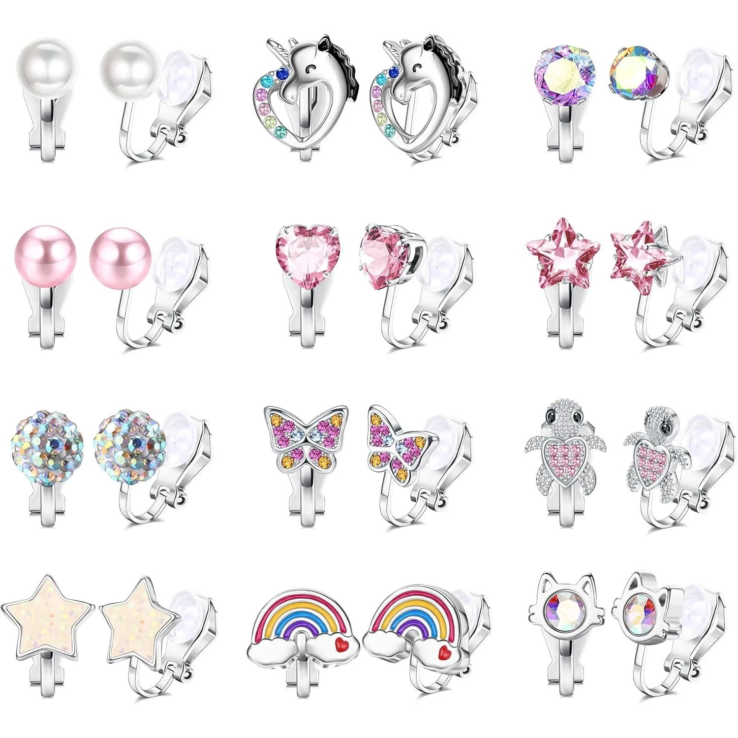 12Pairs Clip on Earrings Set for Women Fake Non Pierced Earrings Cute CZ Cat Pearl Star Heart Clip Earring Hypoallergenic Jewel