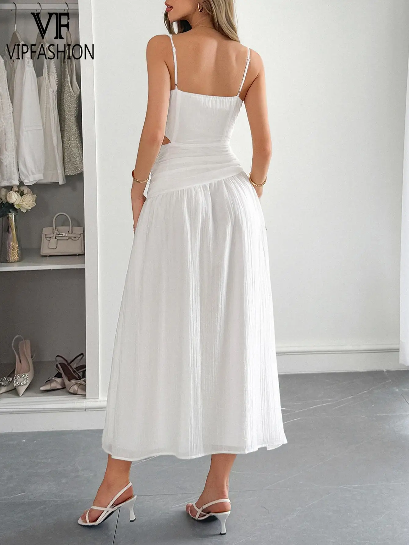 VIP FASHION – robe Maxi rouge pour femmes, col en V, sans manches, taille découpée, froncée, fête de vacances d'été, robes blanches élégantes