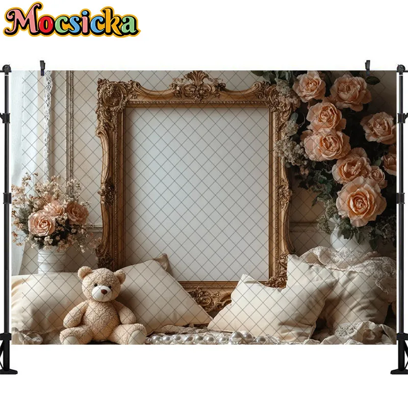 보호 사진 배경 귀여운 장난감 곰 사진 프레임 장식, 신생아 초상화 사진 배경, 스튜디오 소품 배너