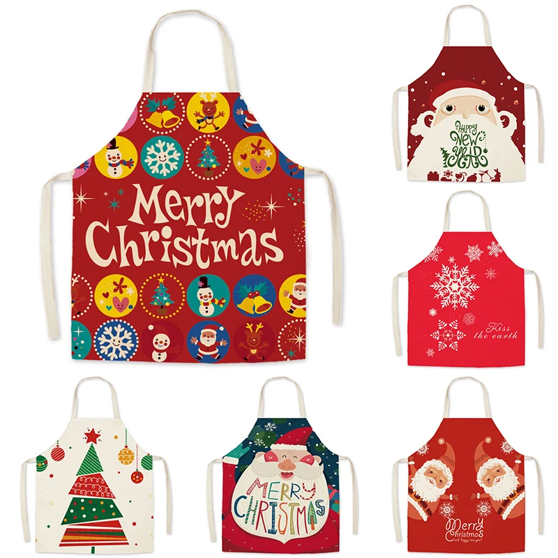 Christmas Linen Printed Apron Kitchen Cooking BBQ Bib Home Decor Stain Resistant Accessories New Year Holiday Gift