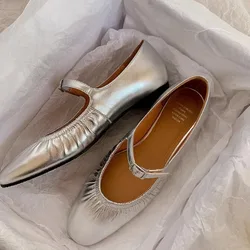 Pleated Fashion Ballet Flats Women Leather Shoe Women Casual Buckle Strap Silver Flats Gold Square Toe 2024 Spring Women's Shoes