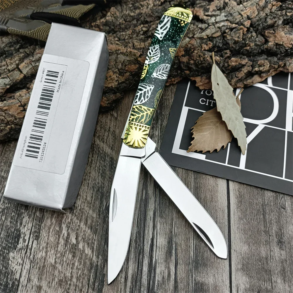 2024 New Folding Pocket Knife 440C Twin Blades Brass+resin Handle Outdoor Hunting Camping Fruit Knives Multi Tool Christmas Gift