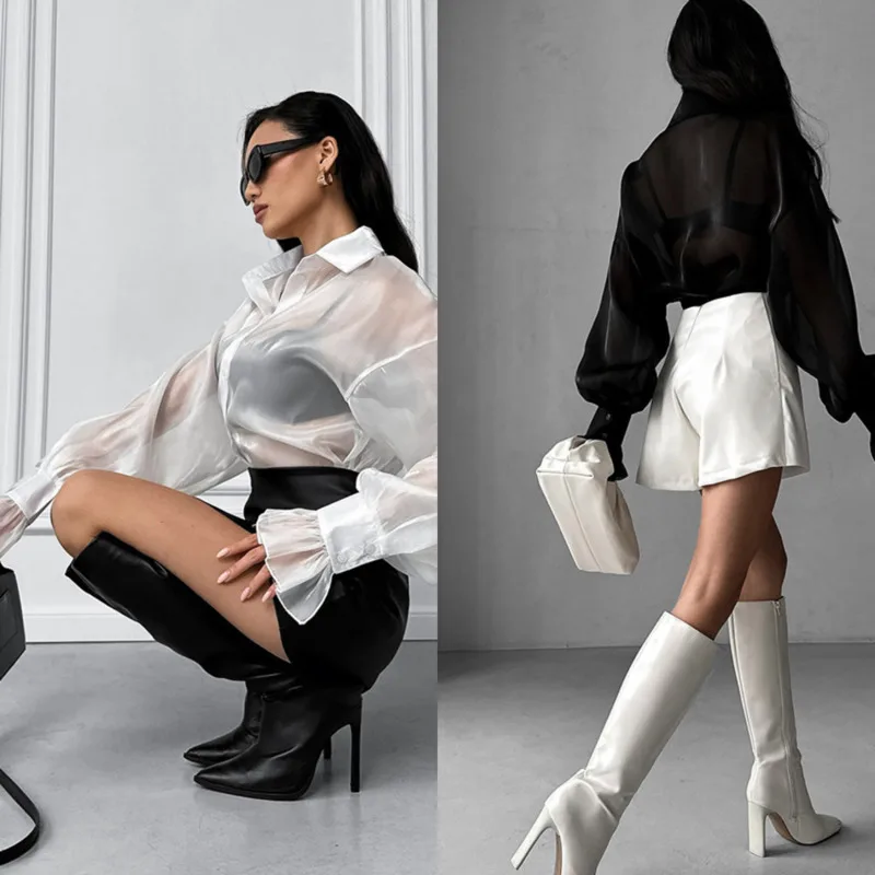 

Elegant See Through Button Down Shirt With Flare Cuffs Loose Long Sleeve Transparent Blouse For Women Spring City Chic Wardrobe