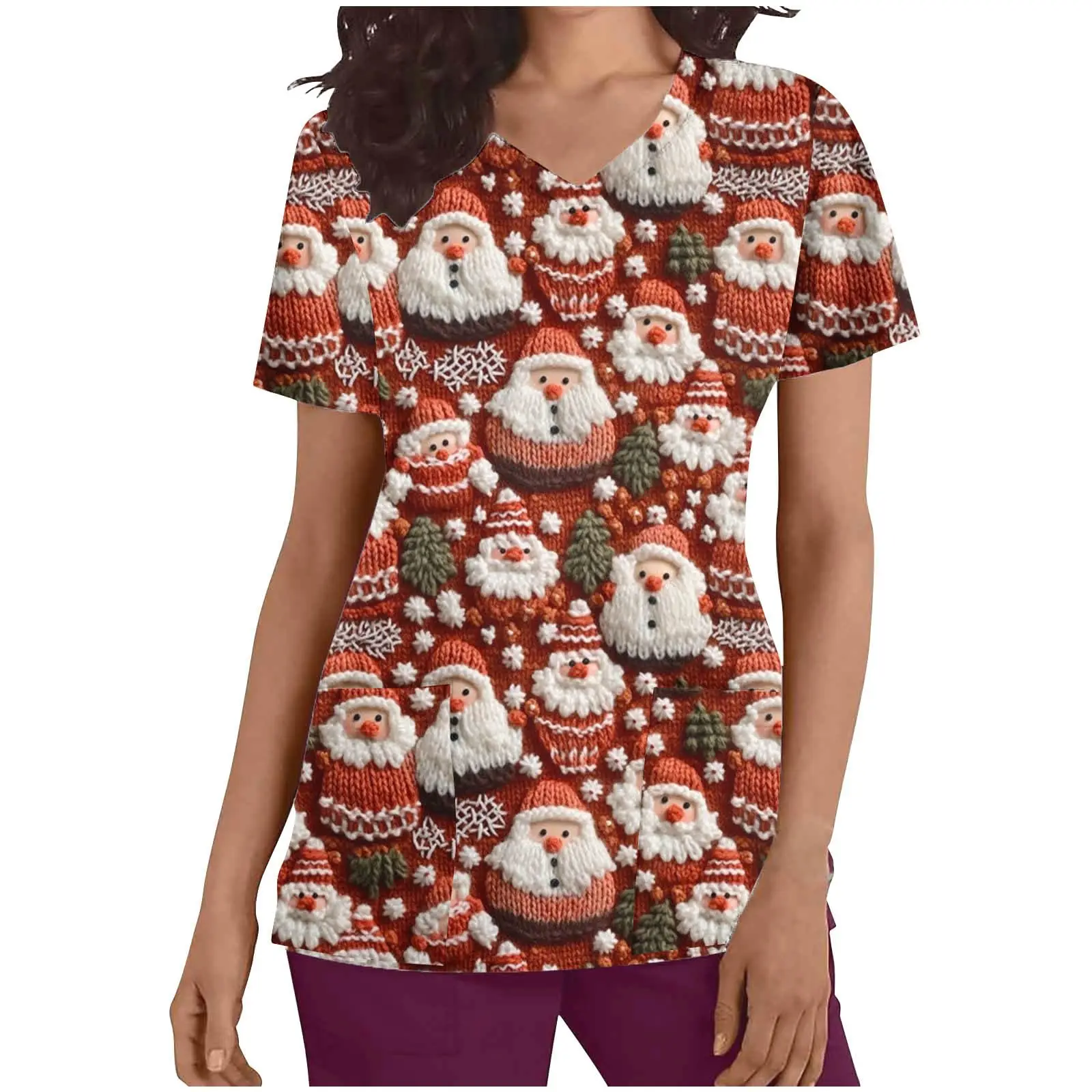 Christmas Elements Snowman Printed Polyester V Neck Shirt Women Men's Work Clothes Medical Uniform Doctor Nurse Scrub Tops