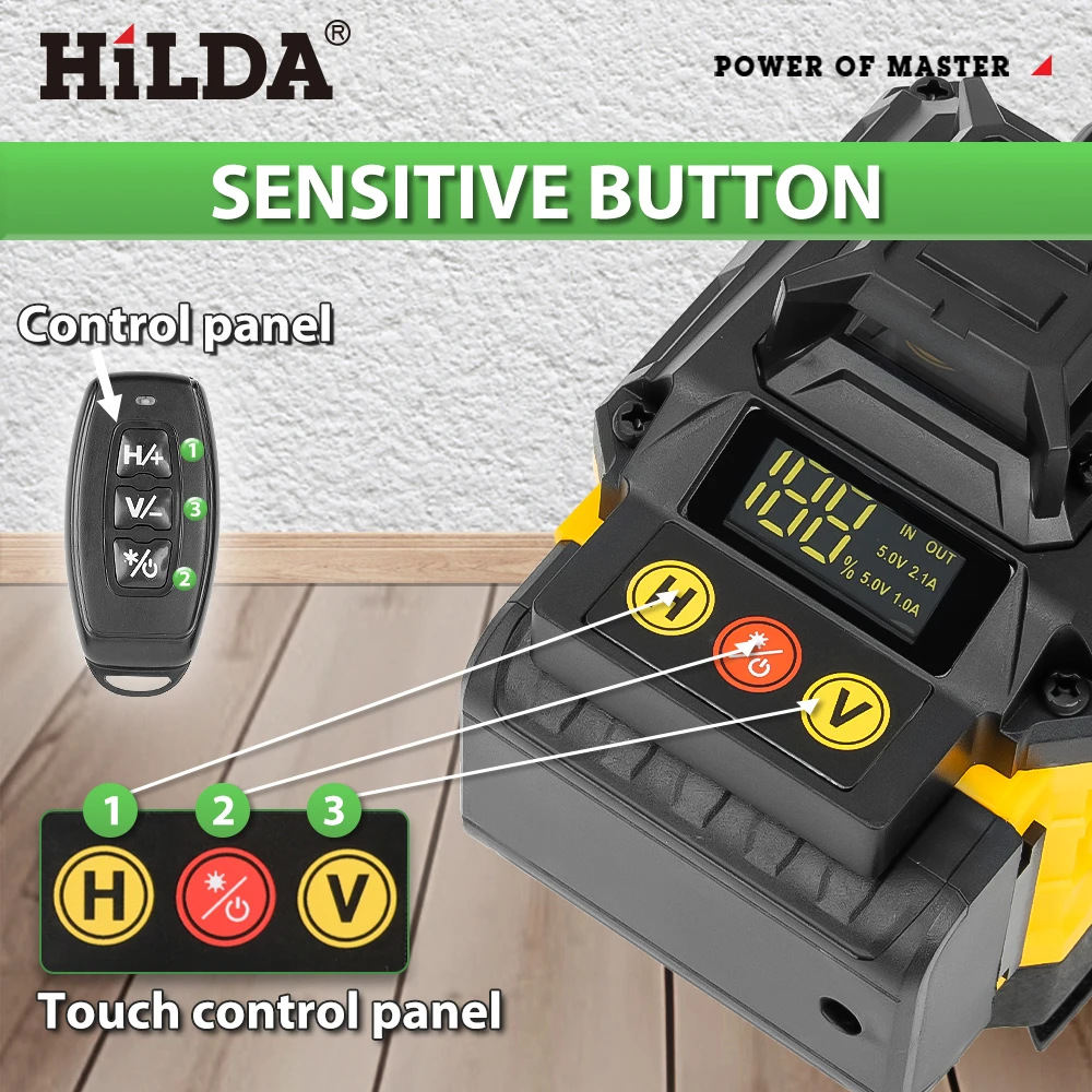 HILDA 4D16 Линии Лазерные Горизонтальные Вертикальные Зеленые 360° °   Самовыравнивающийся для строительства магнитного кронштейна и пульта дистанционного управления ﻿