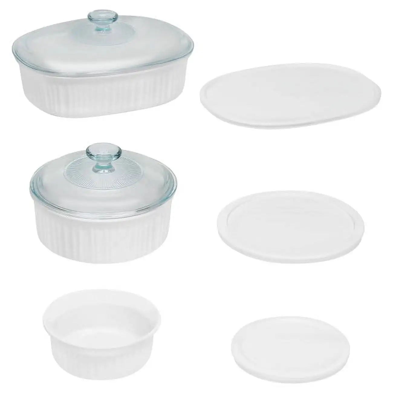 

French White 8-Piece Ceramic Stoneware Casserole Set with Glass and Plastic Lids, Round & Oval
