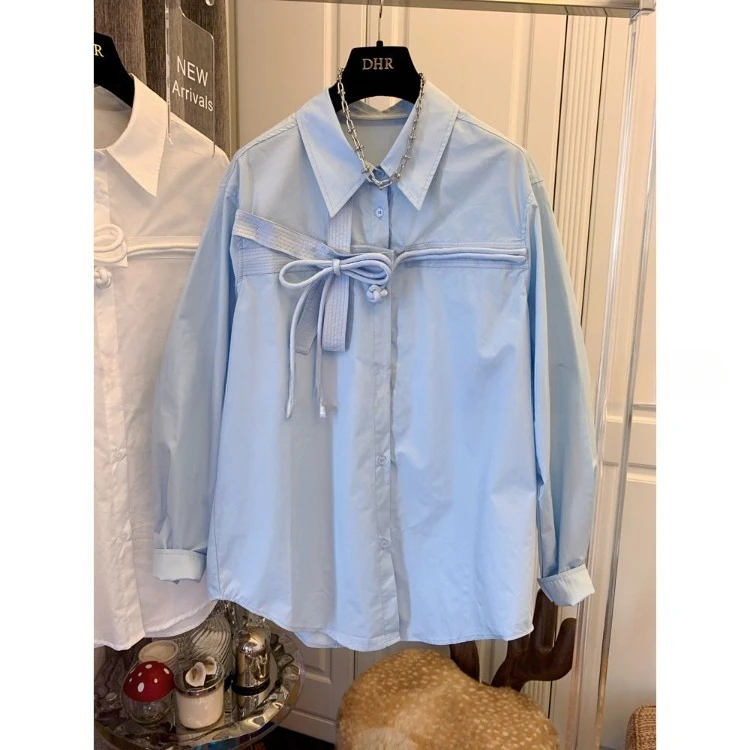 Simple Sweet Bow Women's Blue Shirt Blusas De Mujer Japan Korean Style Loose Blouses For Women Chemise Femme