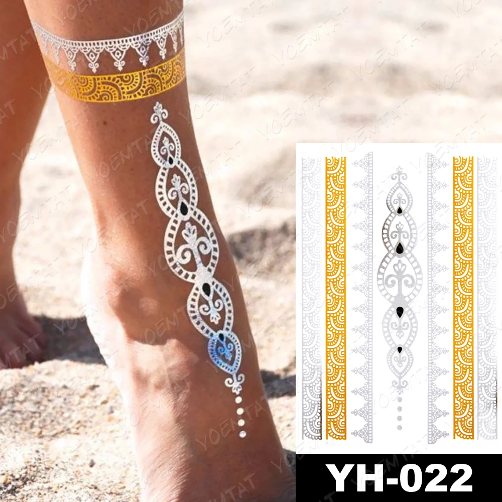 Waterproof Temporary Tattoo Sticker Henna Mandala Gold Silver Metallic Flash Tatoo Boho Party Flower Jewelry Glitter Body Art