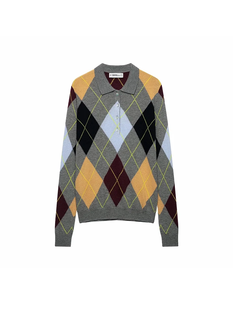 Women Pullover Knitwear Polo Plaid Sweaters Women 2026 Long Sleeve Knitted Tops Vintage Fashion Chic Jumpers Lady Sweaters
