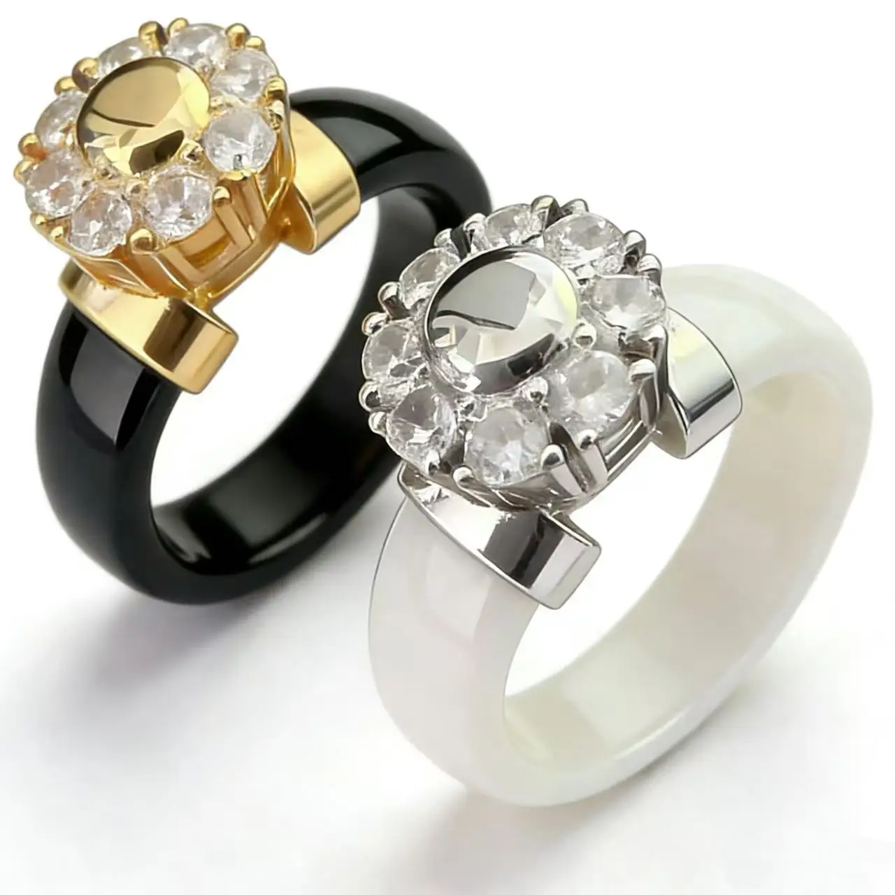 

HNSP Luxury Black White 6mm Ceramic Zircon Ring For Women High-quality Couple Engagement Wedding Jewelry Accessory Gifts