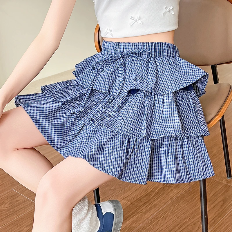 

Sweet Double Layer Ballet Blue Plaid Cake Women Summer Puffy A-line Midi Short Skirt