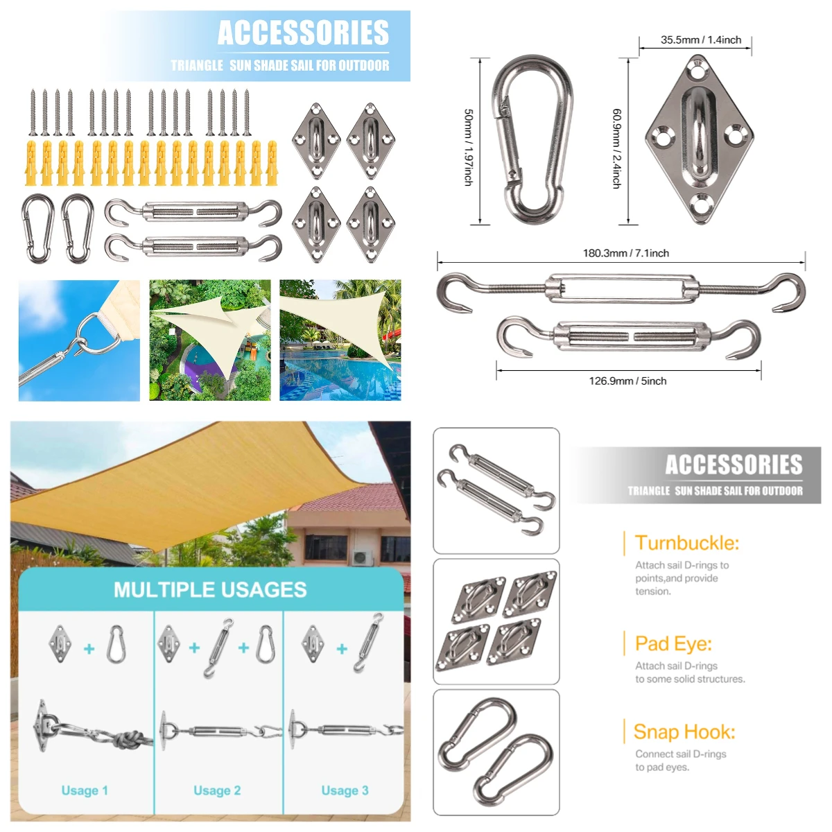 Awning Attachment Set Heavy Duty Sun Shade Sail Stainless Steel Hardware Kit for Garden Triangle Square Rectangle Fixing Accesso