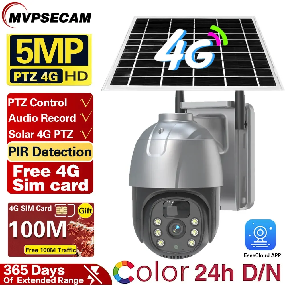 

4G Sim Card Wireless Network Security Monitor Solar PTZ Camera 5MP HD Rechargeable Battery Powered IP Camera 4G LTE Home Camera