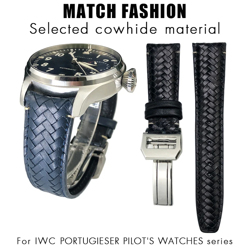 20mm 21mm 22mm Real Leather Woven Watchband Fit for IWC Big Pilot PORTUGIESER PILOT\'S WATCHES Blue Black PORTOFINO Watch Strap